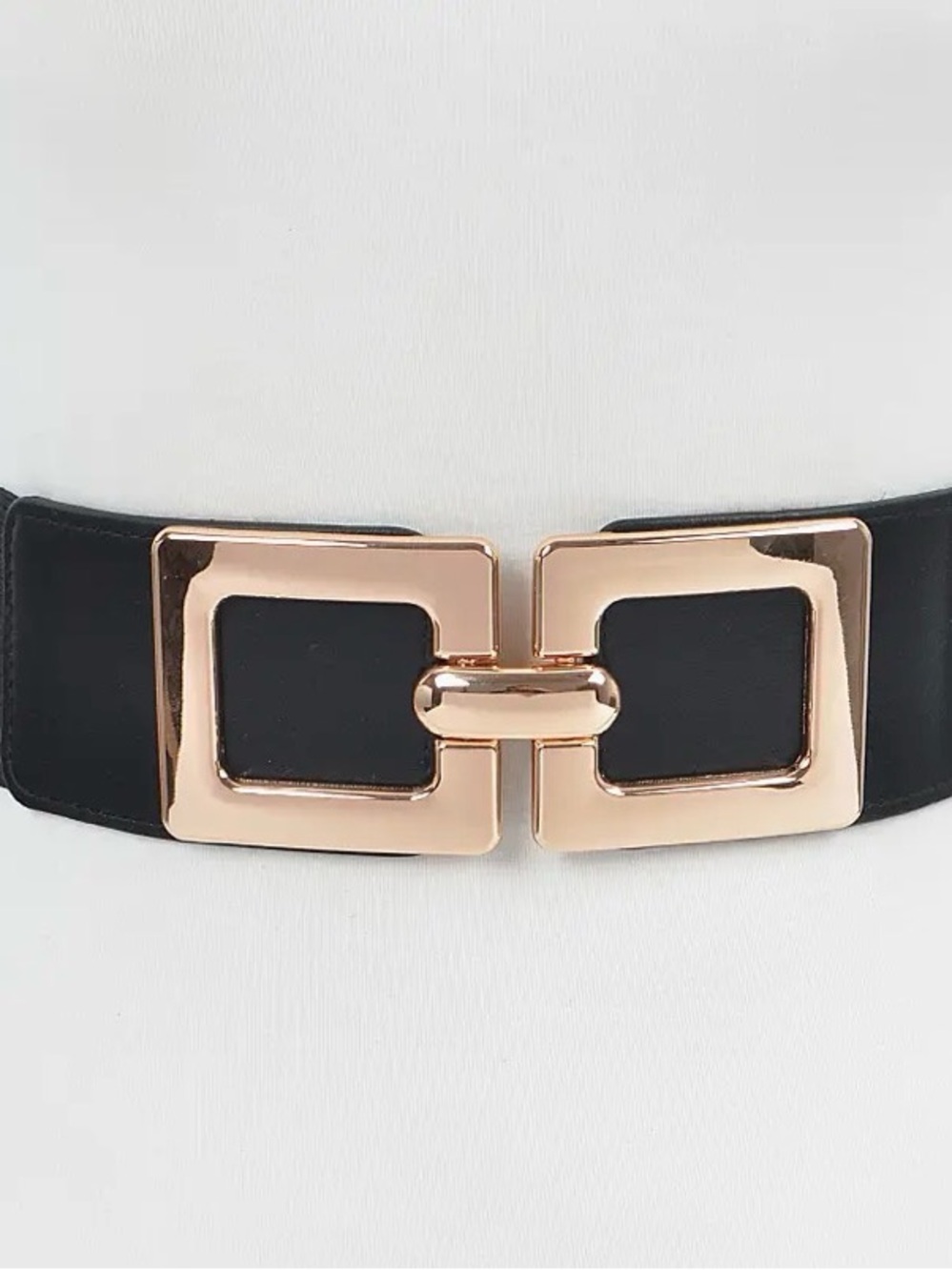 Classic Black Elastic Waist Belt with Gold Toned Buckle - PLUS size